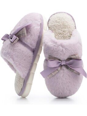 Women's Purple Memory Foam Fuzzy Plush Cozy Shoes With Bow Comfortable Slippers